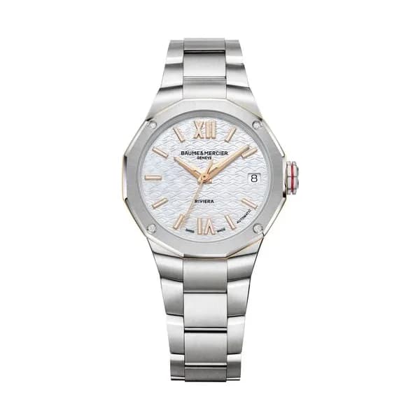 Baume & Mercier Montre Baume et Mercier Riviera Diamants automatique cadran nacre blanche bracelet acier 33 mm