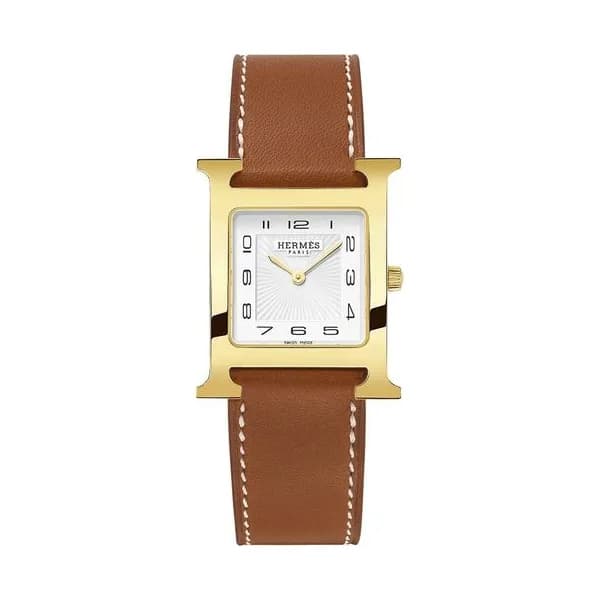 Hermès Montre HERMÈS Heure H Moyen Modèle plaqué or jaune quartz cadran blanc bracelet cuir marron 30 mm
