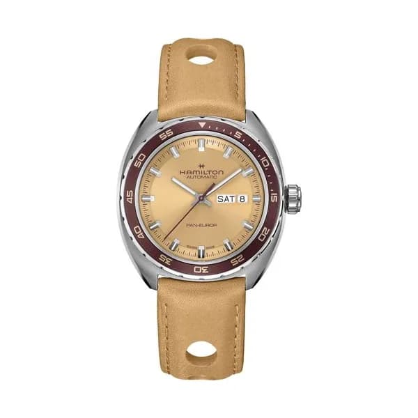 Hamilton Montre Hamilton American Classic Pan Europ Day Date automatique cadran beige bracelet cuir beige 42 mm