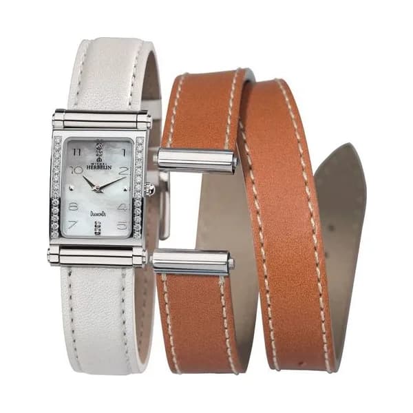 Michel Herbelin Montre Michel Herbelin Coffret Antarès quartz acier serti diamants cadran nacre bracelets cuir blanc et brun
