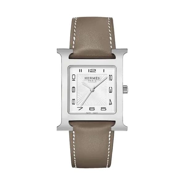 Hermès Montre HERMÈS Heure H Grand Modèle quartz cadran blanc bracelet cuir taupe 34 mm