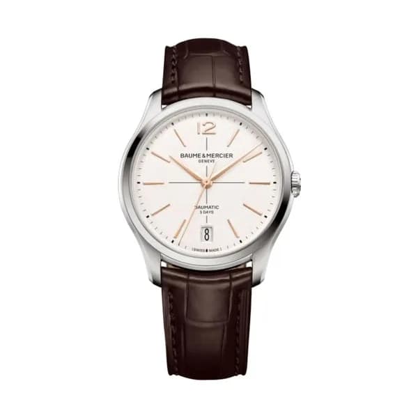 Baume & Mercier Montre Baume et Mercier Clifton automatique cadran blanc bracelet cuir marron 39 mm
