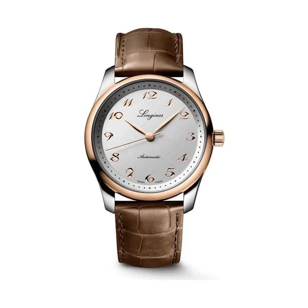 Longines Montre Longines Master Collection auto acier et coiffe or rose cadran argent bracelet cuir marron 40 mm