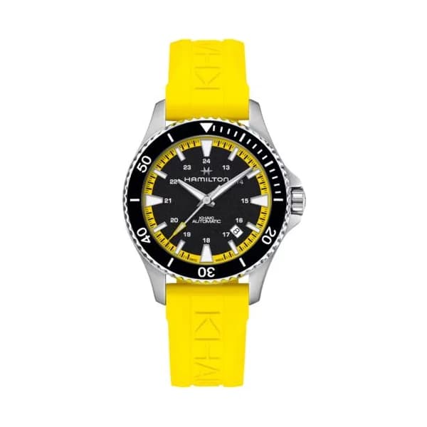 Hamilton Montre Hamilton Khaki Navy Scuba automatique cadran noir bracelet caoutchouc jaune 40 mm