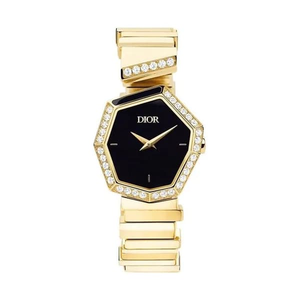 Dior Montre Dior GEM quartz cadran noir 27 mm bracelet or jaune diamants 15,5 cm