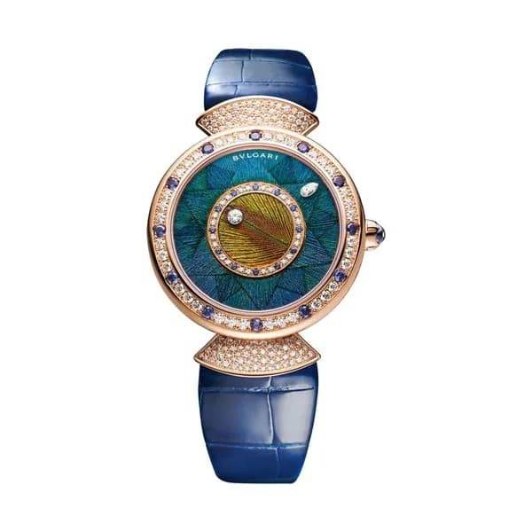 Bulgari Montre Bulgari Diva's Dream Or Rose automatique lunette sertie cadran bleu bracelet cuir bleu 37 mm
