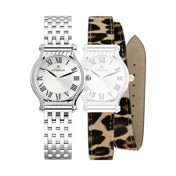 Michel Herbelin Montre Michel Herbelin Coffret Antarès quartz cadran argenté lunette sertie bracelets acier et léopard 30 mm