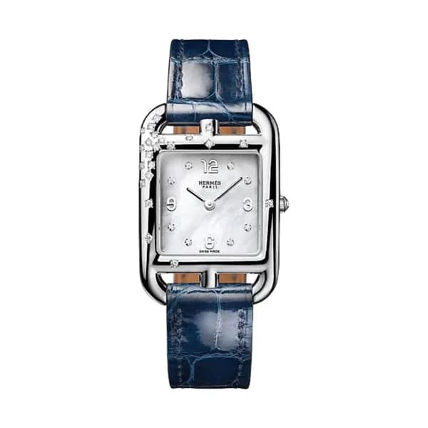 Hermès Montre HERMÈS Cape Cod Petit Modèle Sertie quartz cadran nacre bracelet cuir bleu 31 mm