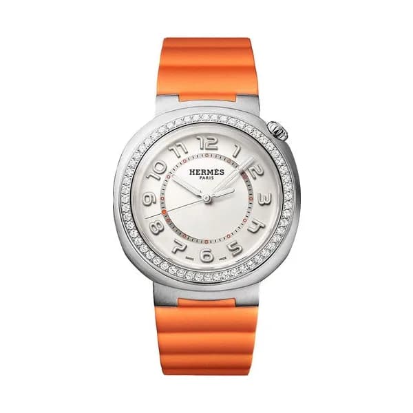 Hermès Montre HERMÈS Cut Grand Modèle automatique lunette sertie cadran argenté bracelet caoutchouc orange 36 mm