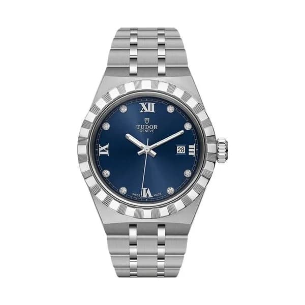 Tudor Montre Tudor Royal automatique index diamants cadran bleu bracelet acier 28 mm