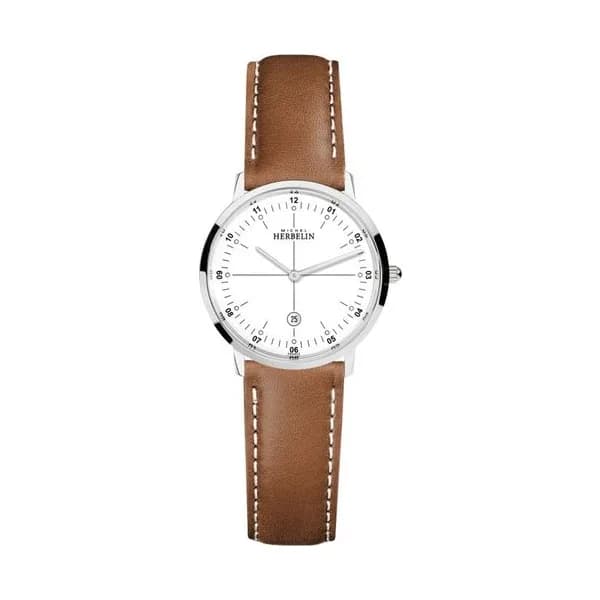 Michel Herbelin Montre Michel Herbelin City quartz cadran blanc bracelet cuir brun 30,50 mm
