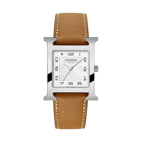 Hermès Montre HERMÈS Heure H Grand Modèle quartz cadran blanc bracelet cuir marron gold 34 mm