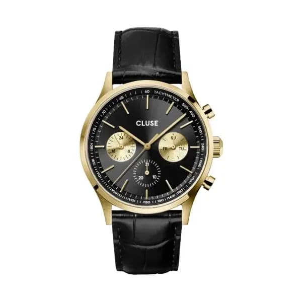 Cluse Anthéor Multifunction Watch Leather, Full Black, Gold Colour