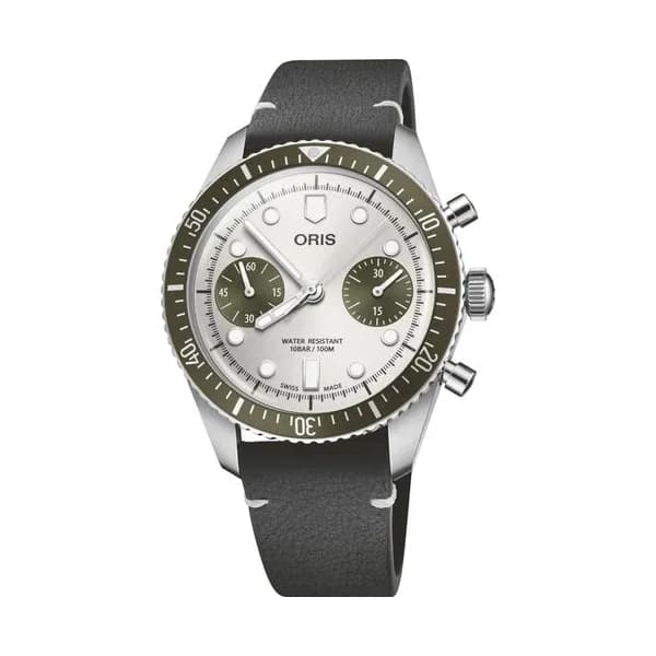 Oris Montre Oris Divers Sixty-Five Chronographe automatique cadran gris et vert bracelet cuir noir 40 mm