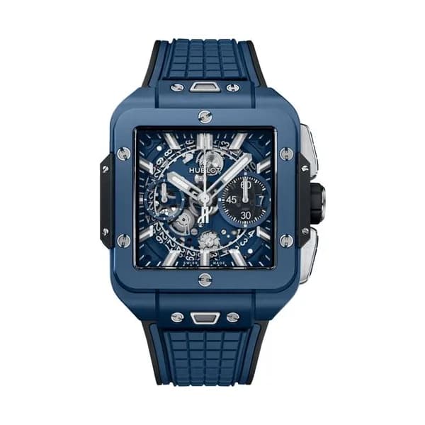 Hublot Montre Hublot Square Bang Unico Blue Ceramic automatique cadran squelette bracelet caoutchouc bleu 42 mm