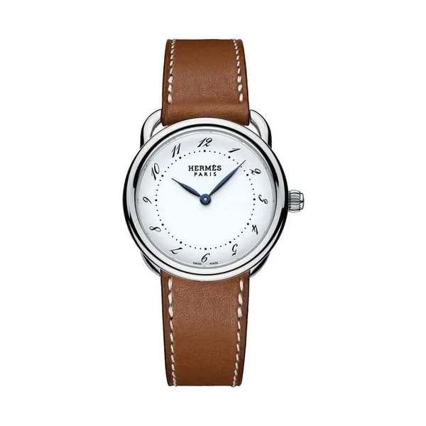 Hermès Montre HERMÈS Arceau Petit Modèle quartz cadran blanc mat bracelet cuir marron 28 mm