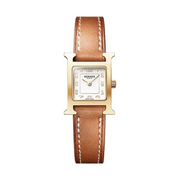 Hermès Montre HERMÈS Heure H Mini Modèle plaqué or jaune quartz cadran argenté bracelet cuir Barénia 21 mm