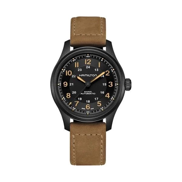 Hamilton Montre Hamilton Khaki Field Titanium Auto cadran noir bracelet cuir brun 42 mm
