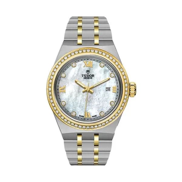 Tudor Montre Tudor Royal automatique index diamants lunette sertie cadran nacre blanche bracelet acier et or jaune 28 mm