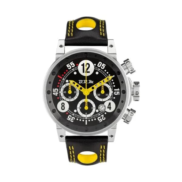 BRM Montre BRM V12 automatique inox cadran noir aiguilles jaunes bracelet cuir 44 mm