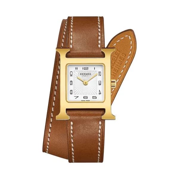 Hermès Montre HERMÈS Heure H Petit Modèle quartz plaqué or jaune cadran blanc bracelet double tour cuir marron 25 mm
