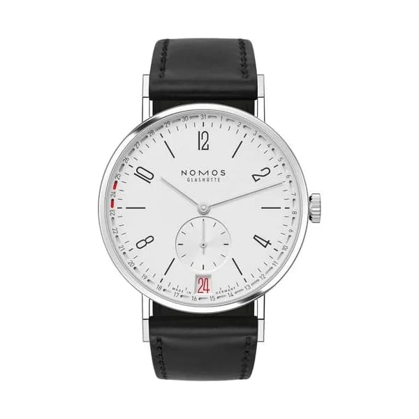 Nomos Montre NOMOS Tangente 2date cadran blanc argenté mécanique bracelet cuir noir fond verre saphir 37,5 mm