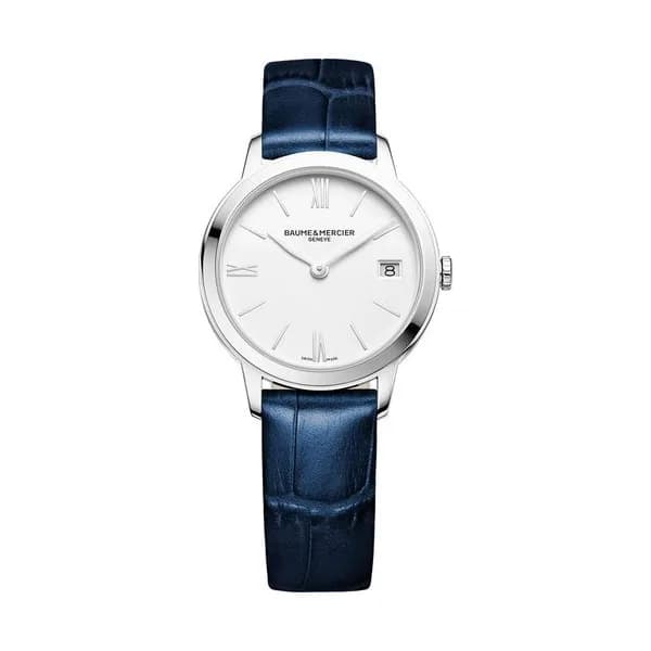 Baume & Mercier Montre Baume et Mercier Classima quartz cadran blanc bracelet cuir veau bleu 31 mm