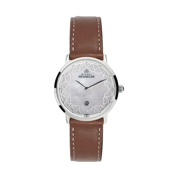 Michel Herbelin Montre Michel Herbelin City quartz cadran nacre blanche bracelet cuir brun 30,50 mm