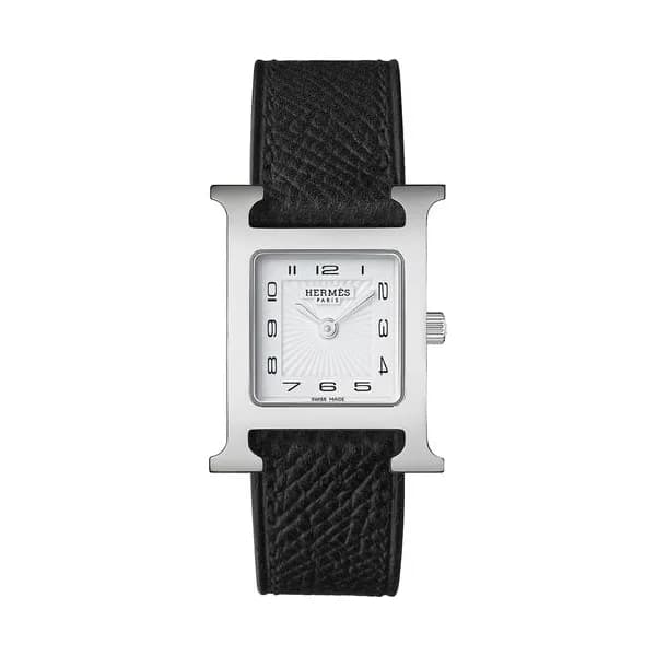 Hermès Montre HERMÈS Heure H Petit Modèle quartz cadran blanc bracelet cuir noir 25 mm