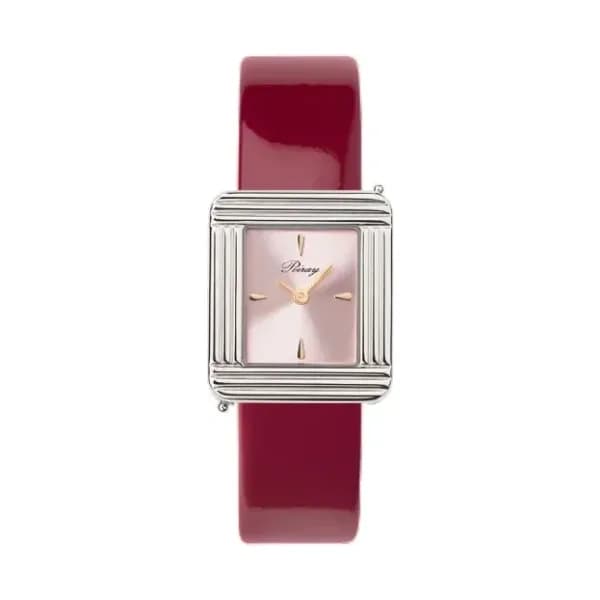 Poiray Montre Poiray Ma Première Acier Cadran Rose Bracelet Veau Vernis Cerise