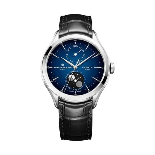 Baume & Mercier Montre Baume et Mercier Clifton Baumatic Moon Phase automatique cadran bleu bracelet cuir 42 mm