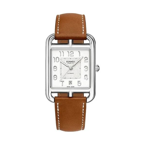 Hermès Montre HERMÈS Cape Cod Très Grand Modèle automatique cadran argenté opalin bracelet cuir marron 41 mm
