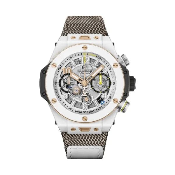 Hublot Montre Hublot Big Bang Reloaded Kylian Mbappé White Ceramic automatique cadran squelette bracelet caoutchouc 44 mm