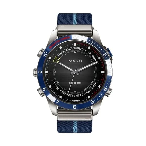 Garmin Montre Garmin Marq Gen 2 Captain saphir titane et céramique bracelet nylon bleu et bracelet silicone bleu 46 mm