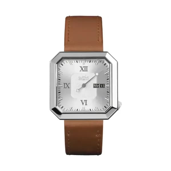Gustave & Cie Montre 12H Marie Argent & Blanc Cuir Marron Havane Surpiqué 34mm