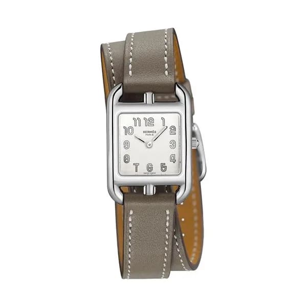 Hermès Montre HERMÈS Cape Cod Petit Modèle quartz cadran argenté bracelet double tour cuir taupe 31 mm