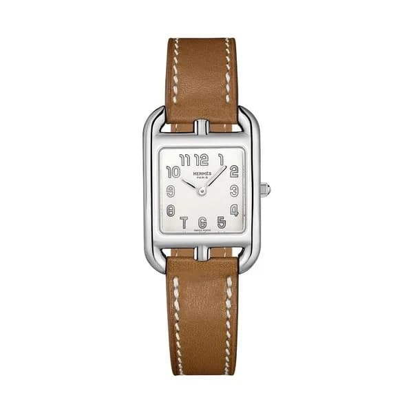 Hermès Montre HERMÈS Cape Cod Petit Modèle quartz cadran argenté bracelet cuir marron 31 mm