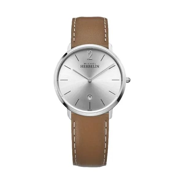 Michel Herbelin Montre Michel Herbelin City quartz cadran argent bracelet cuir gold 38,7 mm