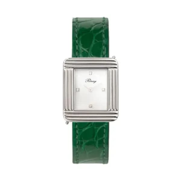 Poiray Montre Poiray Ma Première Cadran Blanc Serti Bracelet Alligator Vert