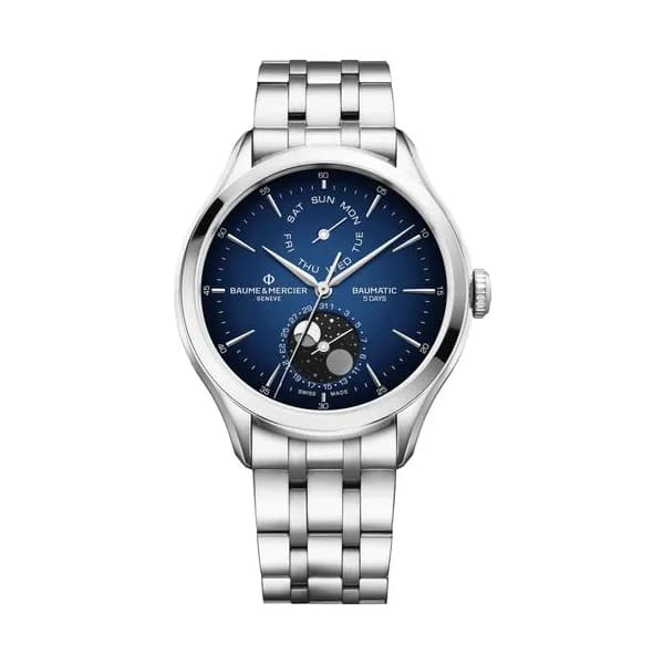 Baume & Mercier Montre Baume et Mercier Clifton Phase de Lune automatique cadran bleu bracelet acier 42 mm