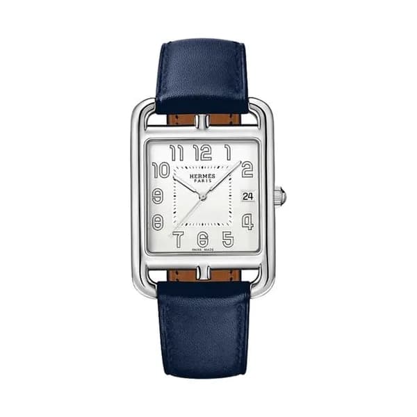 Hermès Montre HERMÈS Cape Cod Quartz cadran argenté bracelet cuir noir 41 mm