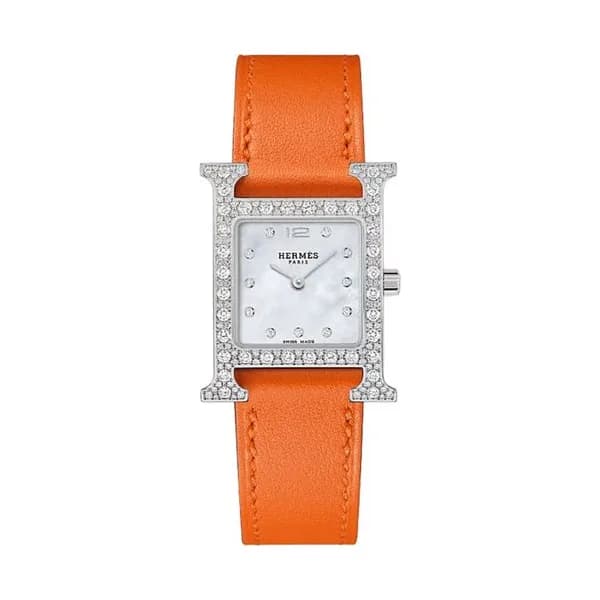 Hermès Montre HERMÈS Heure H Petit Modèle Serti diamants quartz cadran nacre blanche bracelet cuir Swift orange 25 mm