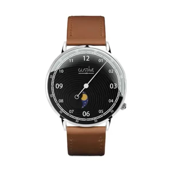 Gustave & Cie Montre 12H Georges Argent & Noir Cuir Marron Havane Surpiqué 40mm