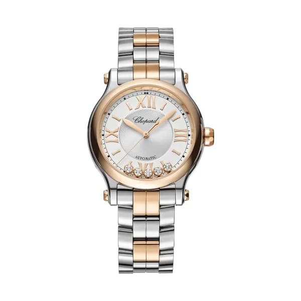 Chopard Montre Chopard Happy Sport automatique lunette or rose cadran argenté bracelet acier 33 mm