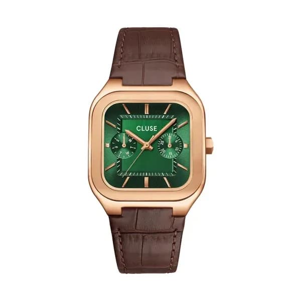Cluse Quadrus Multifunction Watch Leather, Green, Rose Gold Colour