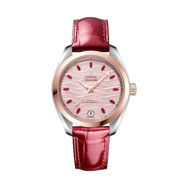 Omega Montre Omega Seamaster Aqua Terra 150M Co-Axial Master Chronometer Or Sedna cadran rose bracelet cuir rouge 34 mm