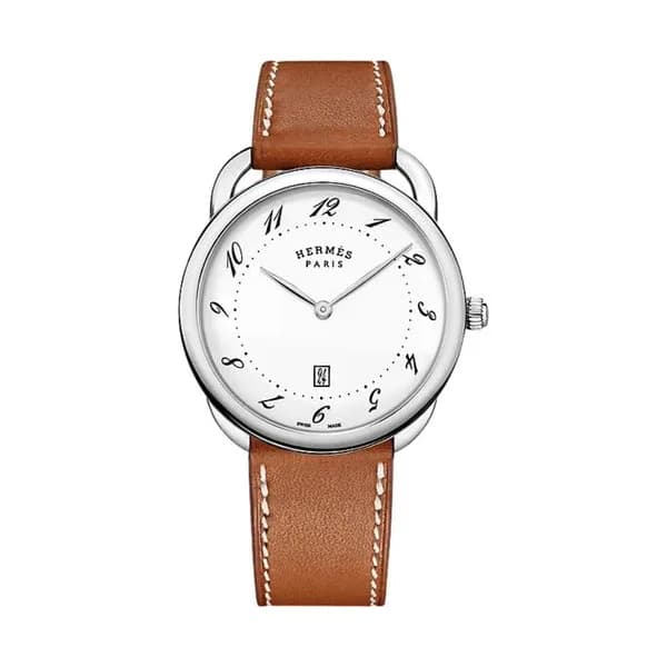 Hermès Montre HERMÈS Arceau quartz cadran laqué blanc bracelet cuir marron 40 mm