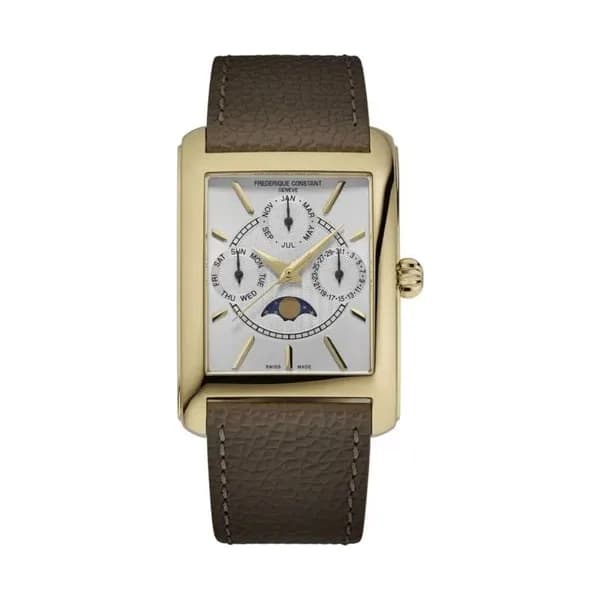 Frédérique Constant Montre Frédérique Constant Classics Carrée Calendar Moonphase PVD or jaune quartz cadran blanc bracelet cuir 30 x 42 mm