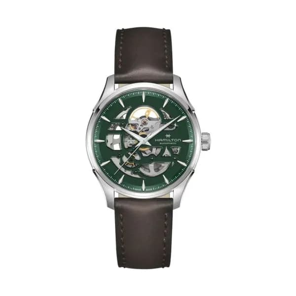 Hamilton Montre Hamilton Jazzmaster Skeleton automatique cadran squelette vert bracelet cuir marron 40 mm