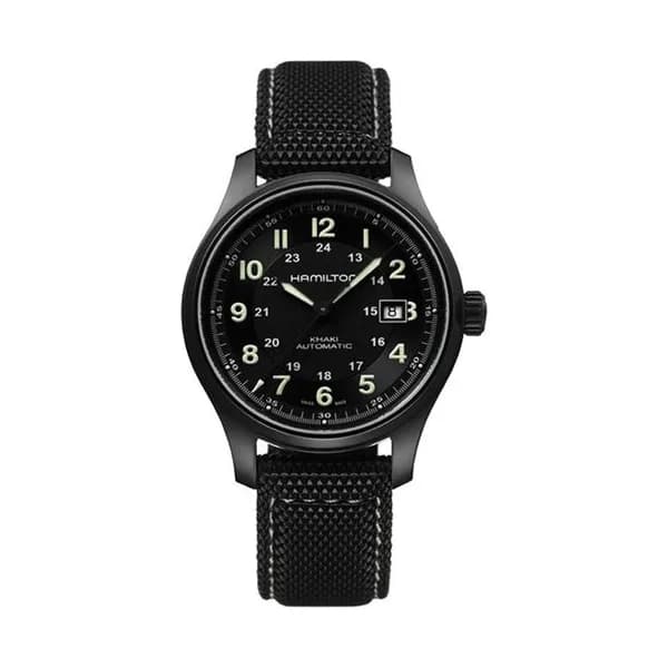 Hamilton Montre Hamilton Khaki Field cadran noir bracelet cuir noir 42 mm